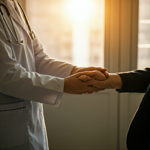 Modern high-end medical caregiver in professional attire holding a patient's hand with warm morning sunlight through large windows