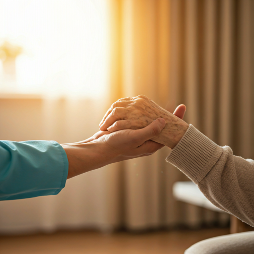 caregiver gently holding the hand of an elderly person in a bright sunny living room setting