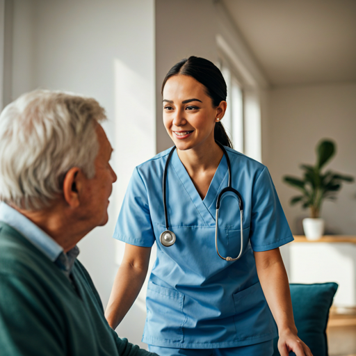 Professional female nurse in medical scrubs smiling warmly while assisting an elderly patient in a sunlit modern living room setting