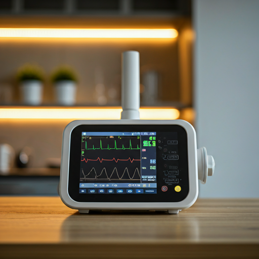 Modern high-tech medical monitoring equipment in a domestic setting with soft natural light and blurred home decor background