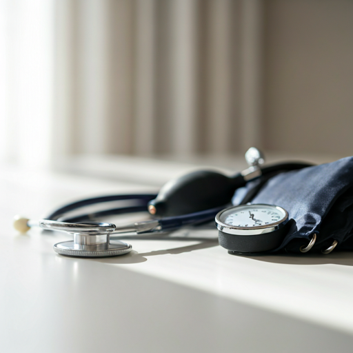 professional medical equipment including a stethoscope and blood pressure cuff on a clean white surface with soft morning light