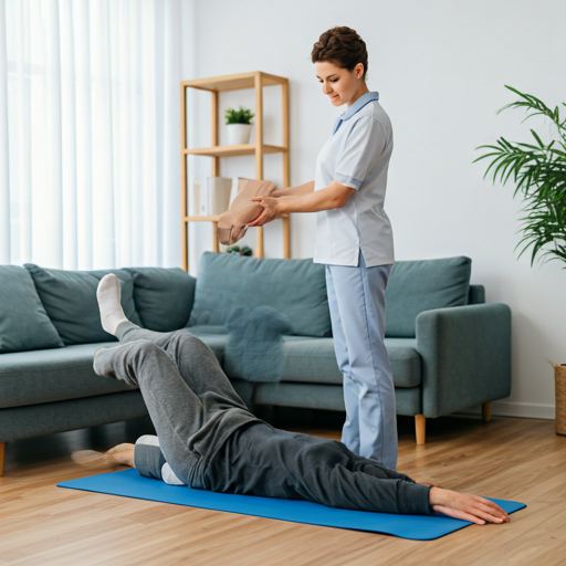 physical therapist helping a patient with leg exercises in a bright spacious home setting with minimalist furniture
