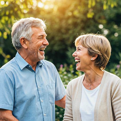 senior man and woman laughing together in a garden setting with dappled sunlight through trees
