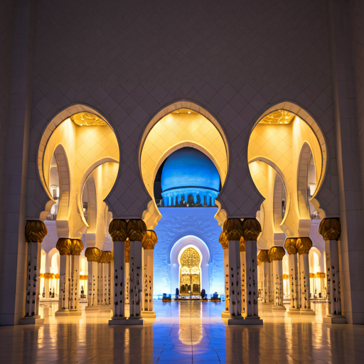 Stunning architectural detail of Sheikh Zayed Grand Mosque in Abu Dhabi at dusk with soft blue lighting