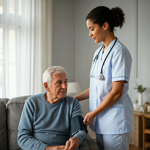 Gentle female nurse monitoring blood pressure for an elderly patient in a sun-drenched modern living room