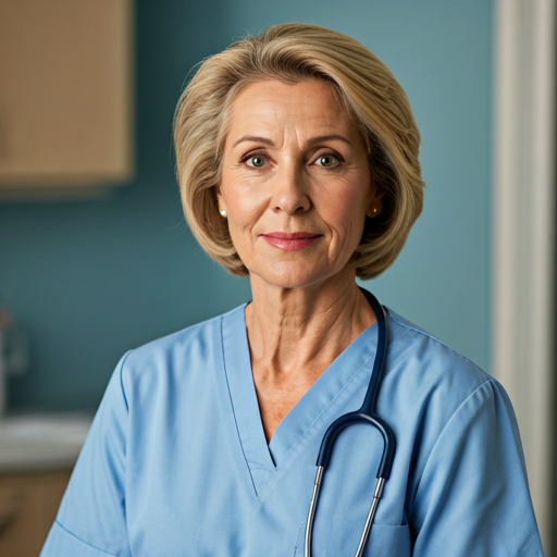 Portrait of a professional senior female nurse with a kind expression in a clinical setting