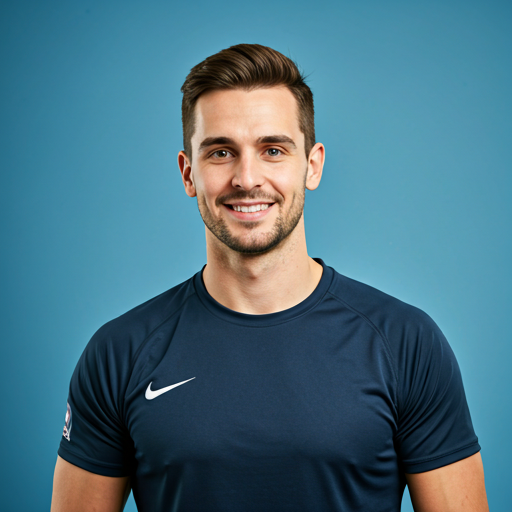Portrait of a young male physiotherapist in athletic professional wear, smiling warmly