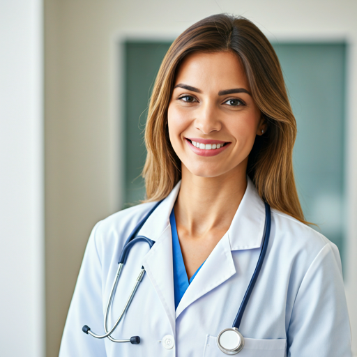 professional female doctor smiling warmly in clinical setting
