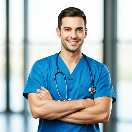 caring male nurse in professional blue scrubs